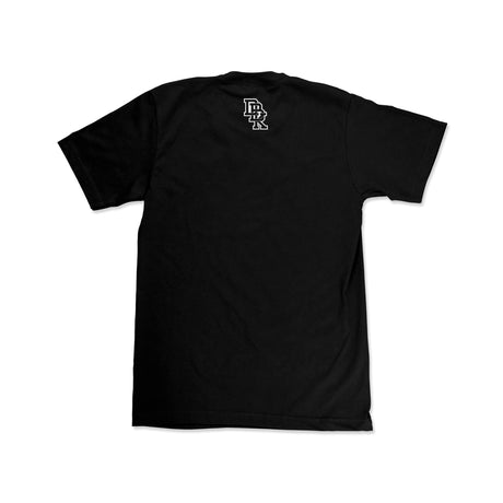 Black crewneck T-shirt with small chest graphic on the back