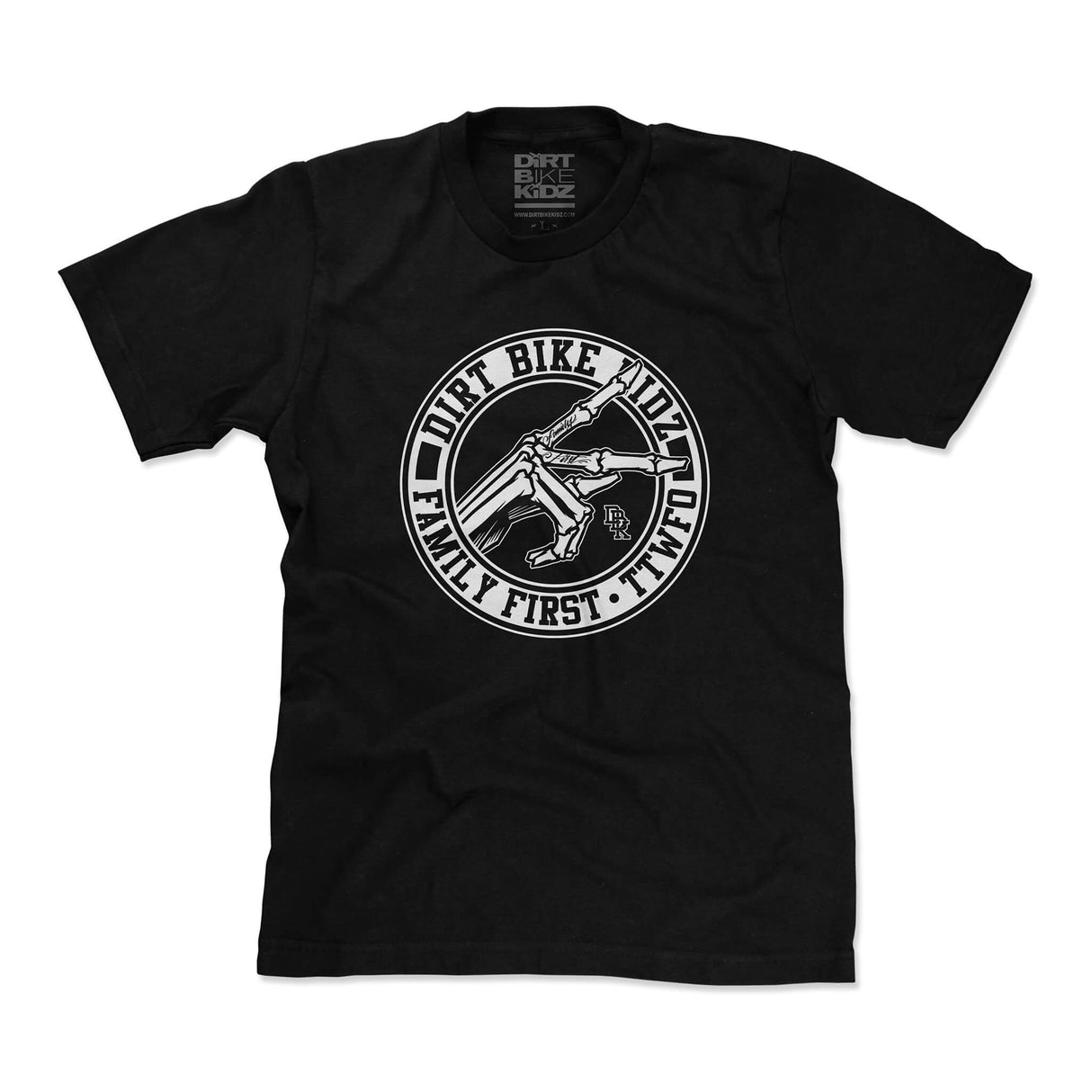 Black crewneck T-shirt with large circular bike graphic on the front