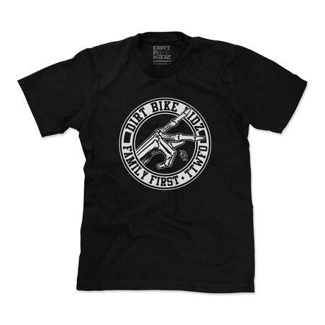 Black crewneck T-shirt with large circular bike graphic on the front