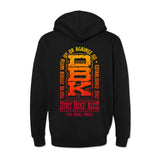 Black Tombstone hoodie back print with large orange and yellow logo text, hood