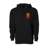 Black Tombstone hoodie front view, small chest emblem, pullover hood with drawstrings
