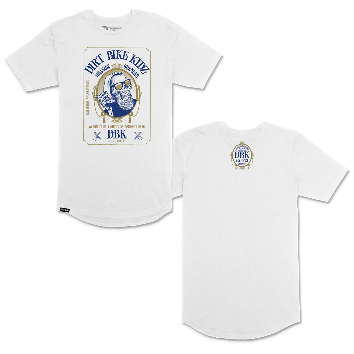 White tall tee set with DBK chest crest and matching back graphic.