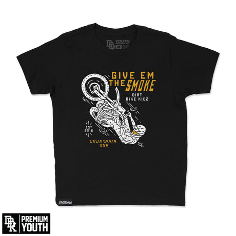 Black youth premium T-shirt with motocross graphic and text 'Give Em The Smoke' on front