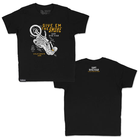Black youth premium T-shirt shown front and back, with 'Give Em The Smoke' and logo prints