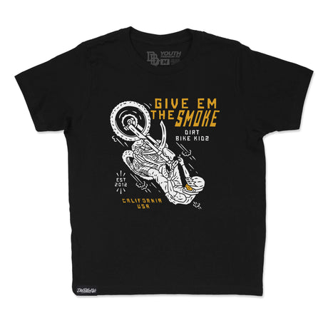 Black youth premium T-shirt with 'Give Em The Smoke' rider graphic on the front chest