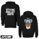 Black pullover hoodie with Stache Mullet Moto graphic and kangaroo pocket