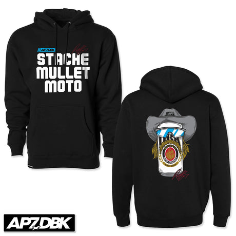 Black pullover hoodie with Stache Mullet Moto graphic and kangaroo pocket