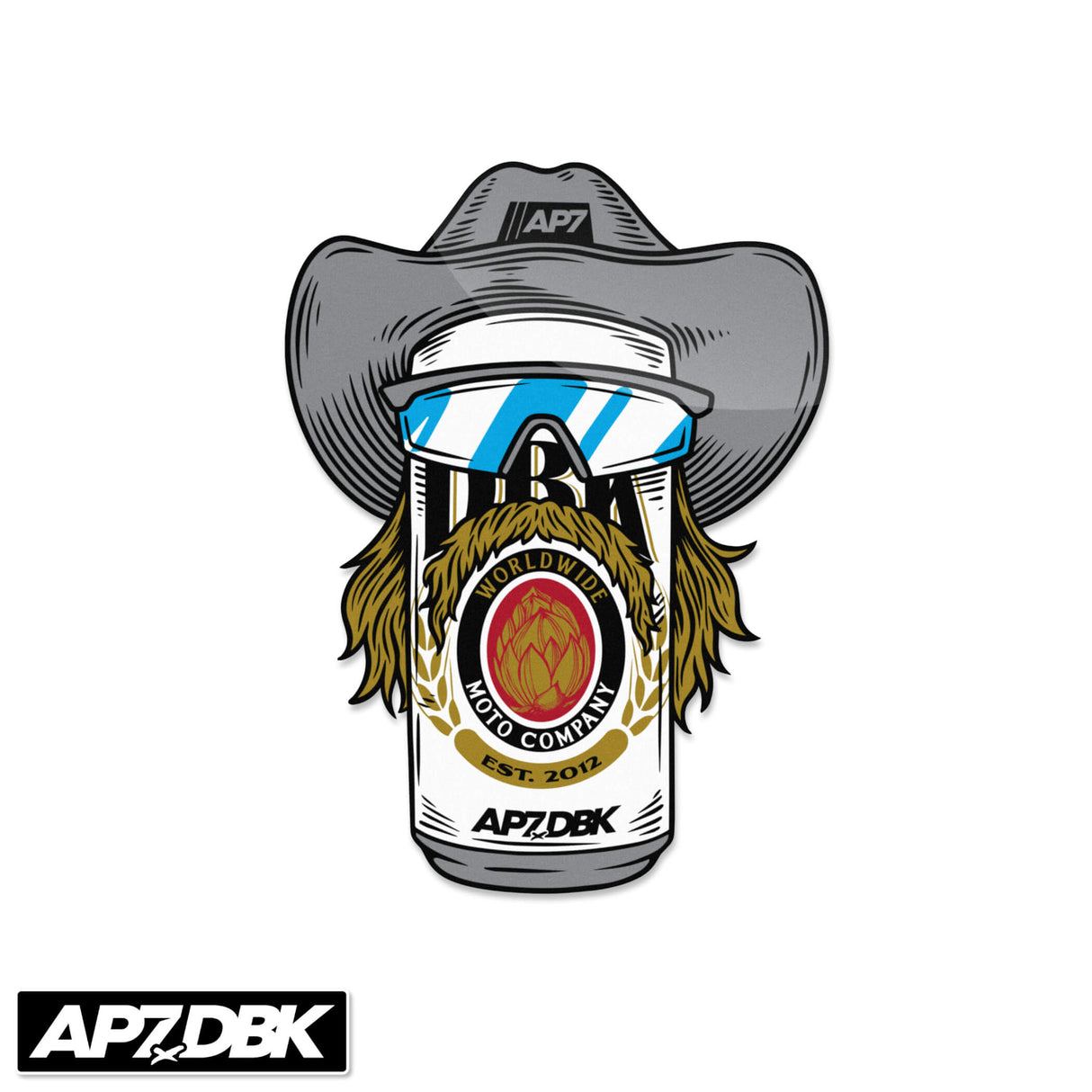 Cowboy graphic sticker with AP7 hat, blue visor goggles, yellow beard, circular logo, DBK