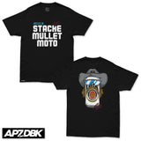 Black crewneck graphic tee with “STACHE MULLET MOTO” front print