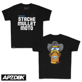Youth premium tee, black, centered “STACHE MULLET MOTO” graphic with blue and white text