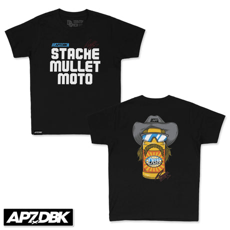 Youth premium tee, black, centered “STACHE MULLET MOTO” graphic with blue and white text