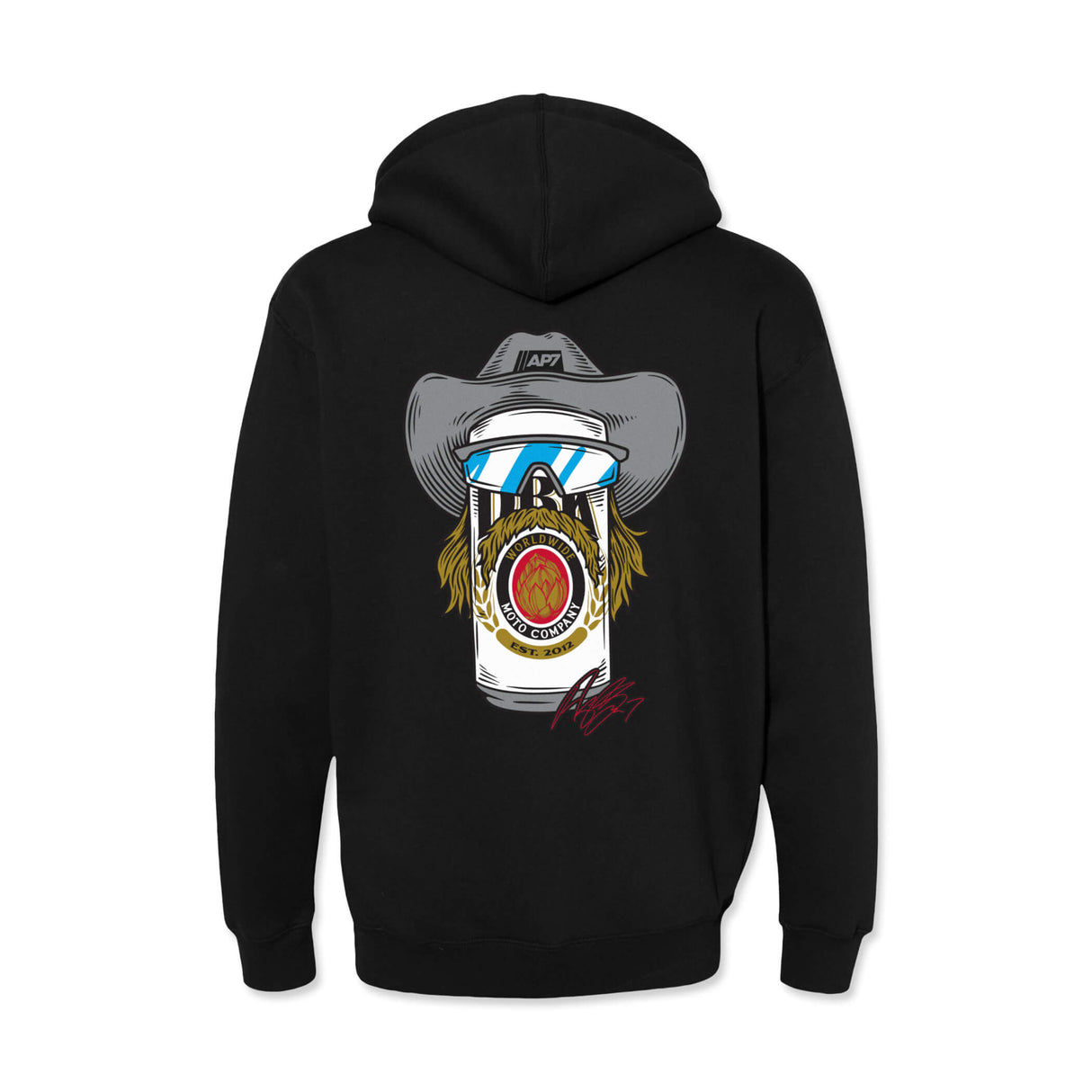 Black pullover hoodie back view with illustrated moto face and goggles graphic