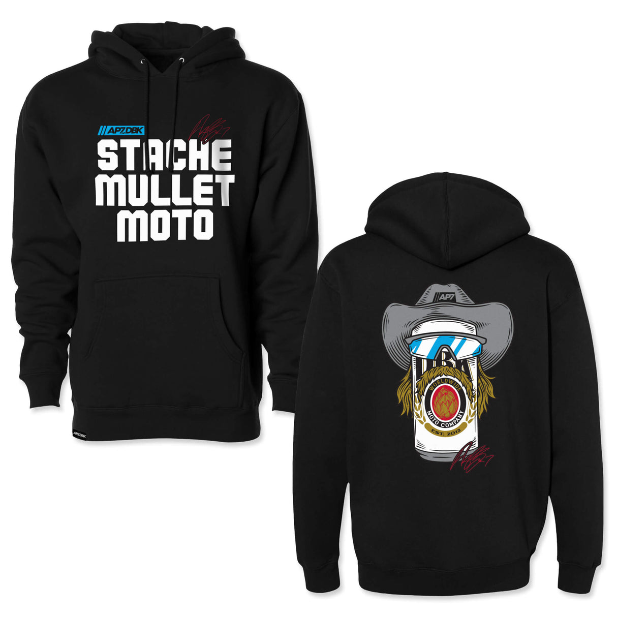 Black pullover hoodie set: front STACHE MULLET MOTO text and back moto face graphic