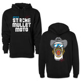 Black pullover hoodie set: front STACHE MULLET MOTO text and back moto face graphic