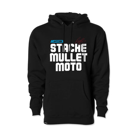 Black pullover hoodie front view with large STACHE MULLET MOTO text graphic