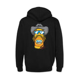 Youth black hoodie with back character graphic, and hood