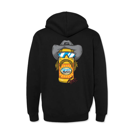 Youth black hoodie with back character graphic, and hood