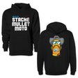 Youth black hoodie shown front and back, featuring large front text and a back character print