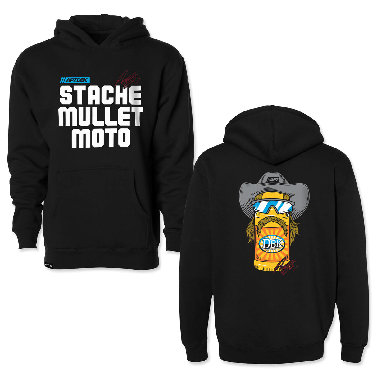 Youth black hoodie shown front and back, featuring large front text and a back character print