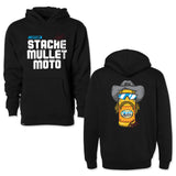 Youth black hoodie shown front and back, featuring large front text and a back character print