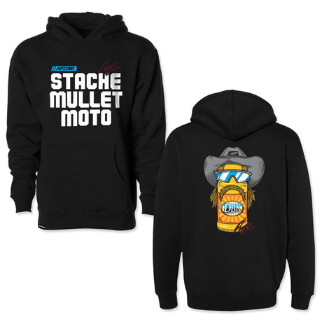 Youth black hoodie shown front and back, featuring large front text and a back character print