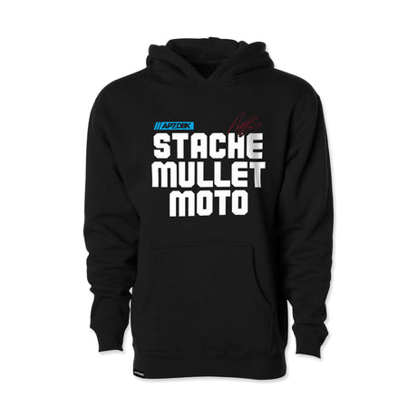 Youth black hoodie with front graphic text, kangaroo pocket, and hood drawstrings