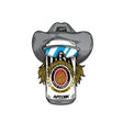 AP7 x DBK cowboy sticker, gray hat and blue goggles with yellow beard and circular emblem