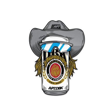 AP7 x DBK cowboy sticker, gray hat and blue goggles with yellow beard and circular emblem