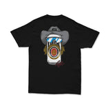 Black crewneck graphic tee front print reading “STACHE MULLET MOTO”
