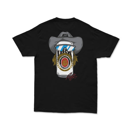Black crewneck graphic tee front print reading “STACHE MULLET MOTO”
