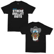 Black graphic tees showing front “STACHE MULLET MOTO” text and back cowboy graphic