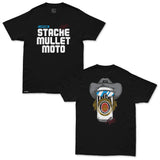 Black graphic tees showing front “STACHE MULLET MOTO” text and back cowboy graphic