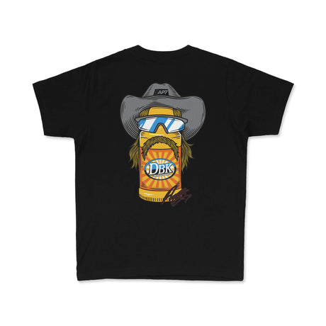 Youth premium tee, black, back graphic of hat-wearing character with goggles and DBK badge