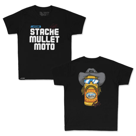 Youth premium tee, black pair shown: front “STACHE MULLET MOTO” and back character graphic