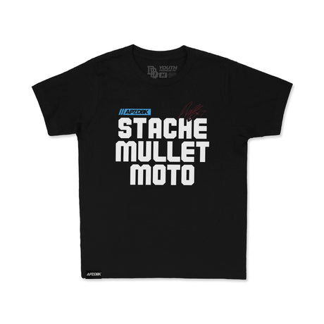 Youth premium tee, black, “STACHE MULLET MOTO” slogan print in stacked white letters