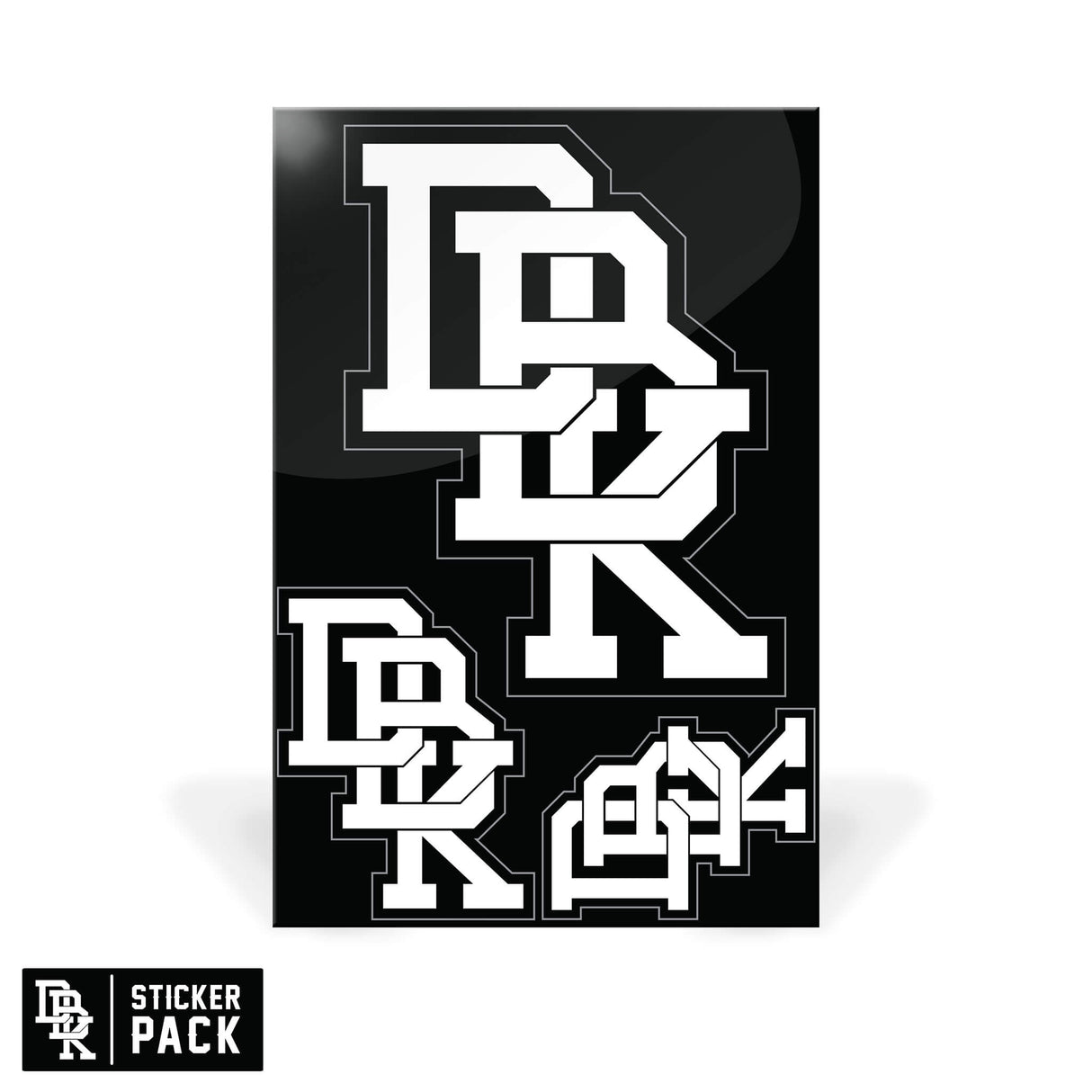 Sticker pack sheet with stacked white block-letter graphics on dark background