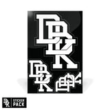 Sticker pack sheet with stacked white block-letter graphics on dark background