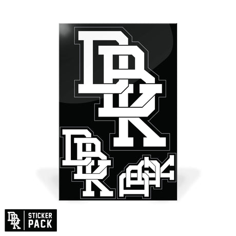 Sticker pack sheet with stacked white block-letter graphics on dark background