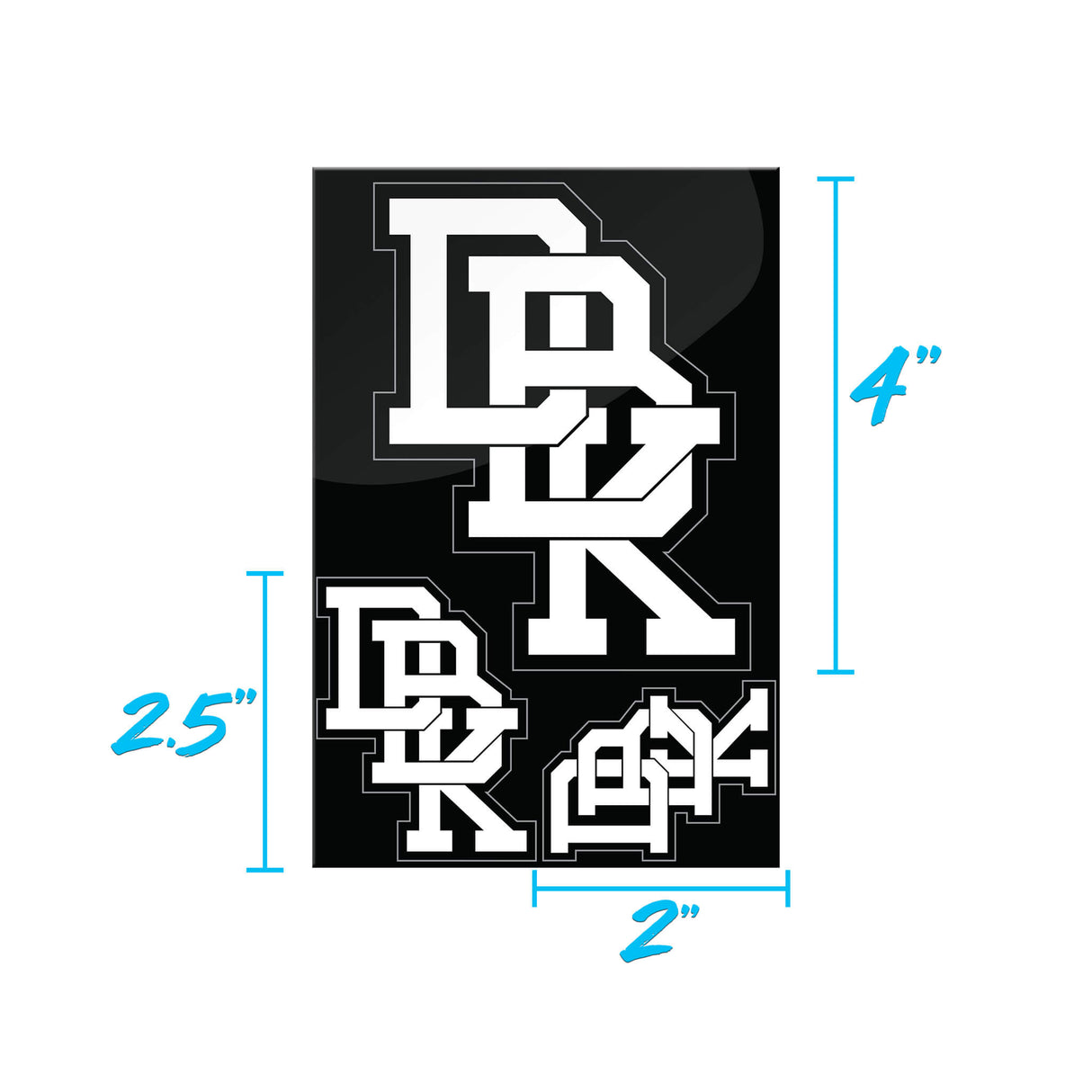 Sticker pack sheet with stacked white block-letter graphics; labeled 2 in and 4 in