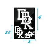 Sticker pack sheet with stacked white block-letter graphics; labeled 2 in and 4 in