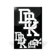 Sticker pack sheet with multiple stacked white block-letter decals on dark background