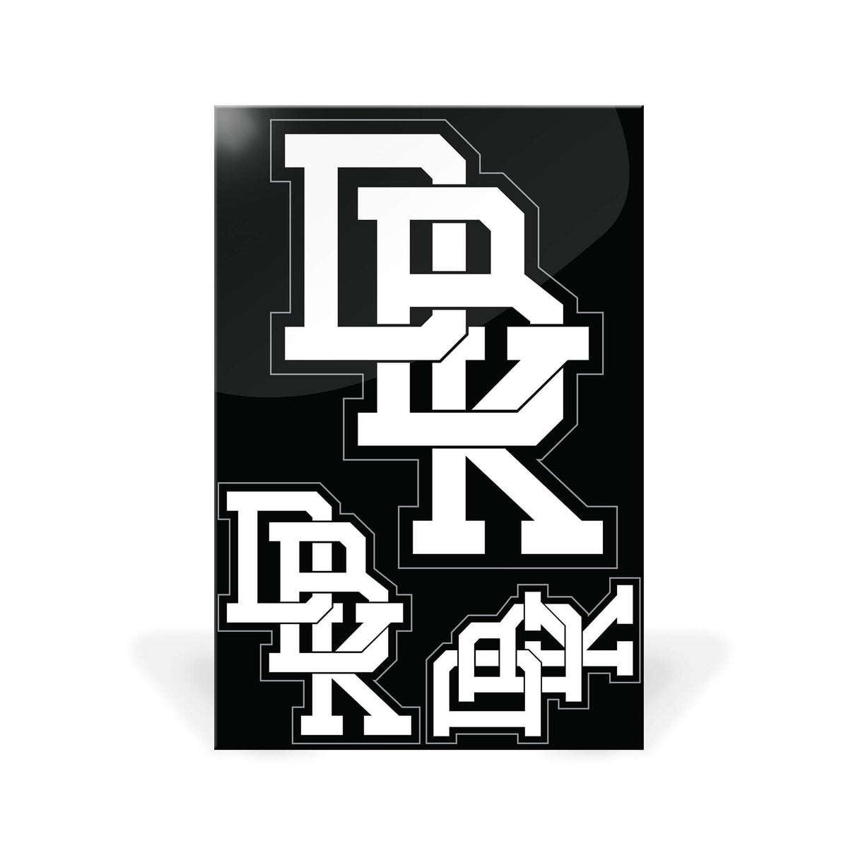 Sticker pack sheet with multiple stacked white block-letter decals on dark background