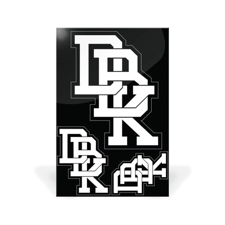 Sticker pack sheet with multiple stacked white block-letter decals on dark background