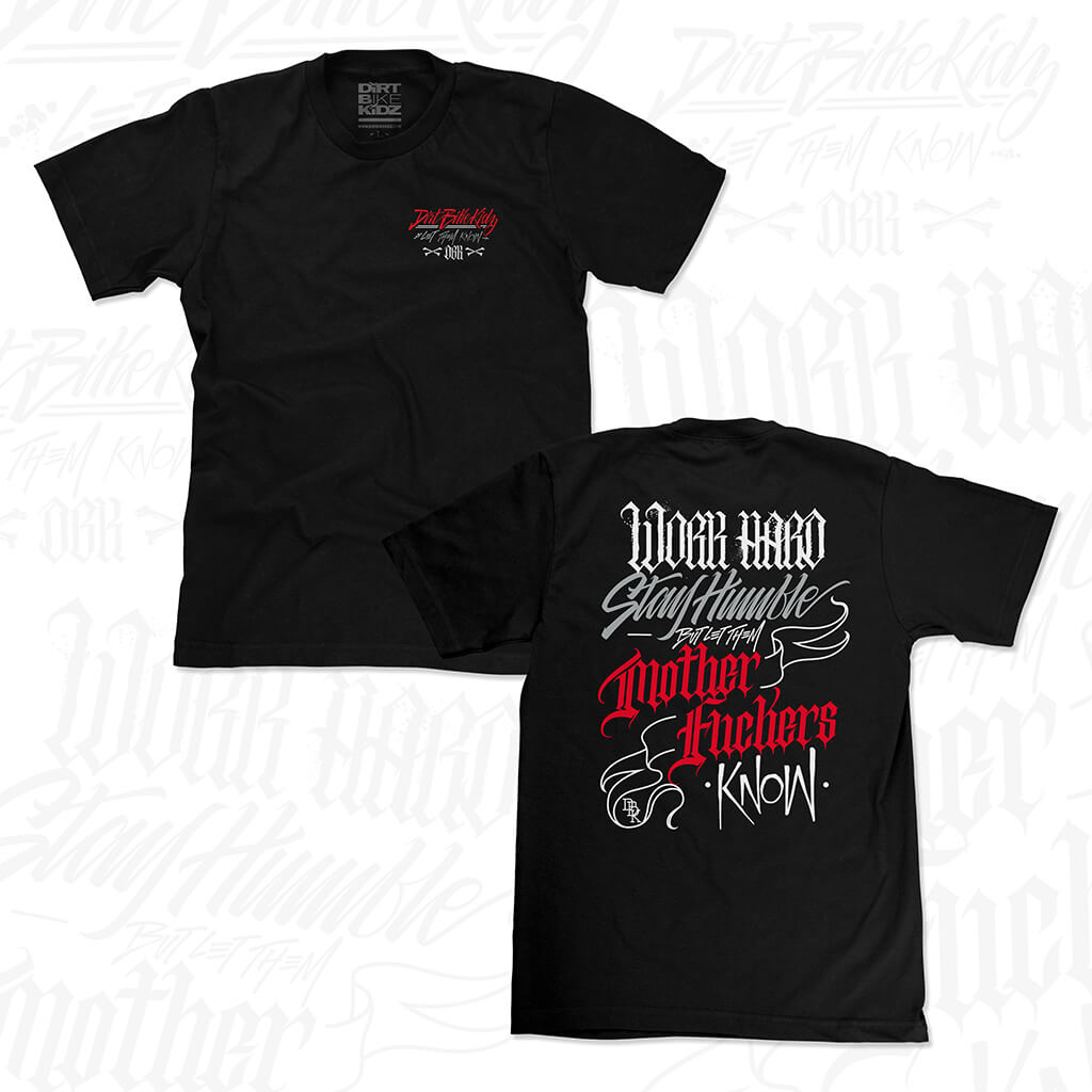 Black graphic tee with front chest logo and large back text print