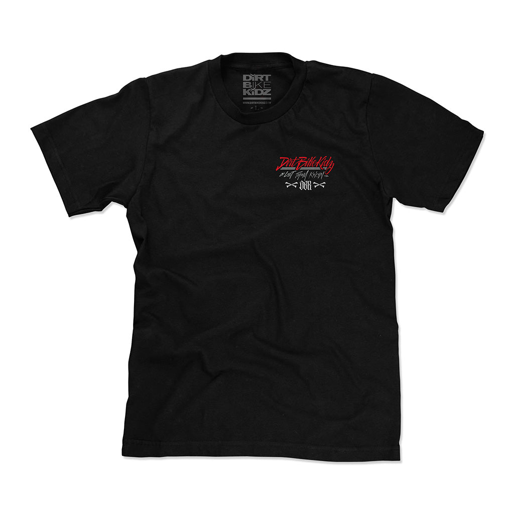 Black graphic tee front view with small red and white chest logo