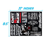 Sticker sheet with Dirt Bike KidZ decals, graffiti bike shapes, and red accents