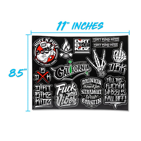 Bike-themed sticker sheet, 11 in x 8.5 in; black with graffiti decal graphics