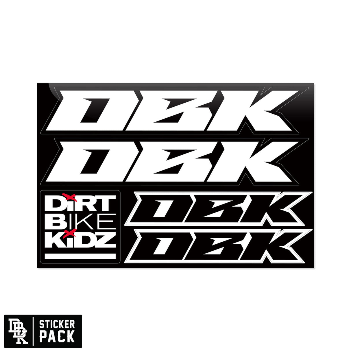 Sticker pack sheet with black background, white racing numbers, and 'DIRT BIKE KIDZ' logo