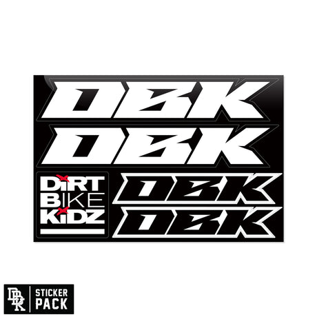 Sticker pack sheet with black background, white racing numbers, and 'DIRT BIKE KIDZ' logo