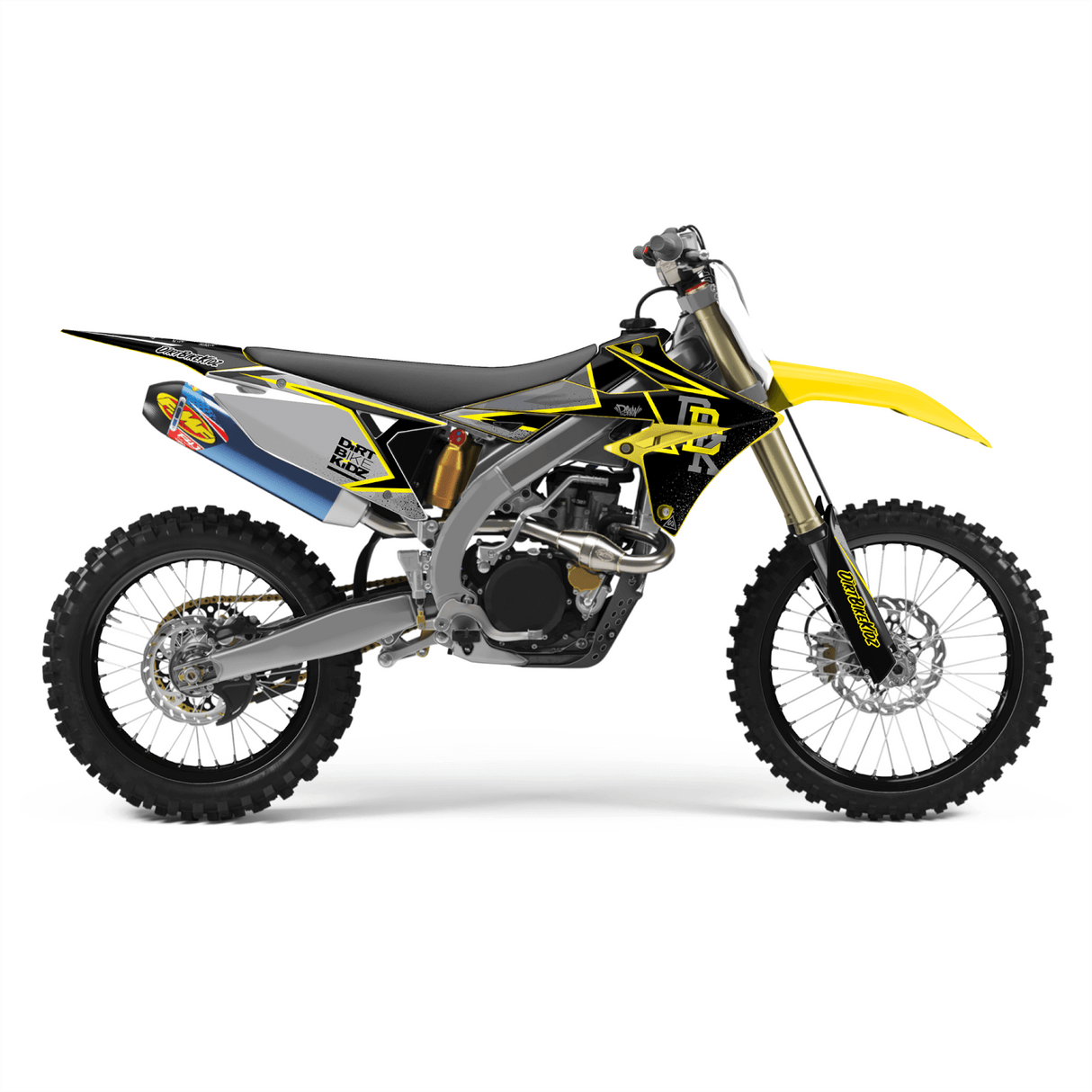 Yellow and black dirt bike with graphic kit, side view of panels and rear fender
